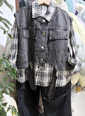 2026春装新款男童女童黑色衬衫中大童牛仔背心马甲两件套装