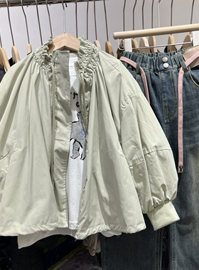 秋装淡绿色韩版外套儿童秋装女童洋气潮牌大童休闲花苞型风衣外套