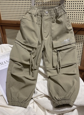 秋装男童女童军绿色加厚工装裤大童帅气休闲裤束脚裤