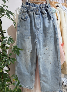 2026春装新款女童蓝色烫钻牛仔裤中大童休闲百搭直筒裤