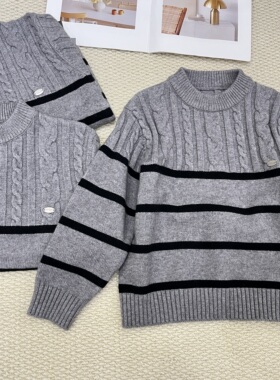 韩货冬装男童女童韩版圆领套头毛衣中大童潮版加羊毛毛衣灰色条纹