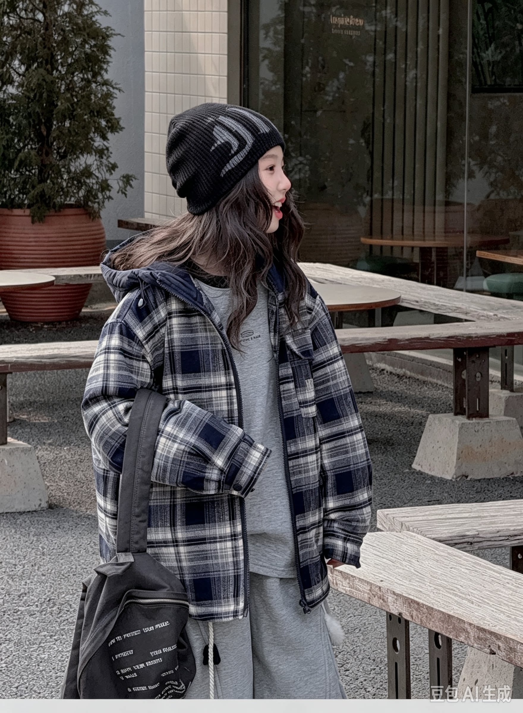 2026冬季新款棉服男童女童蓝色格子连帽棉服中大童加厚保暖外套