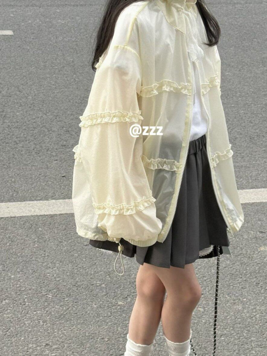 2026夏装新款女童韩版米黄色蕾丝木耳边拼接防晒衣外套中大童超薄