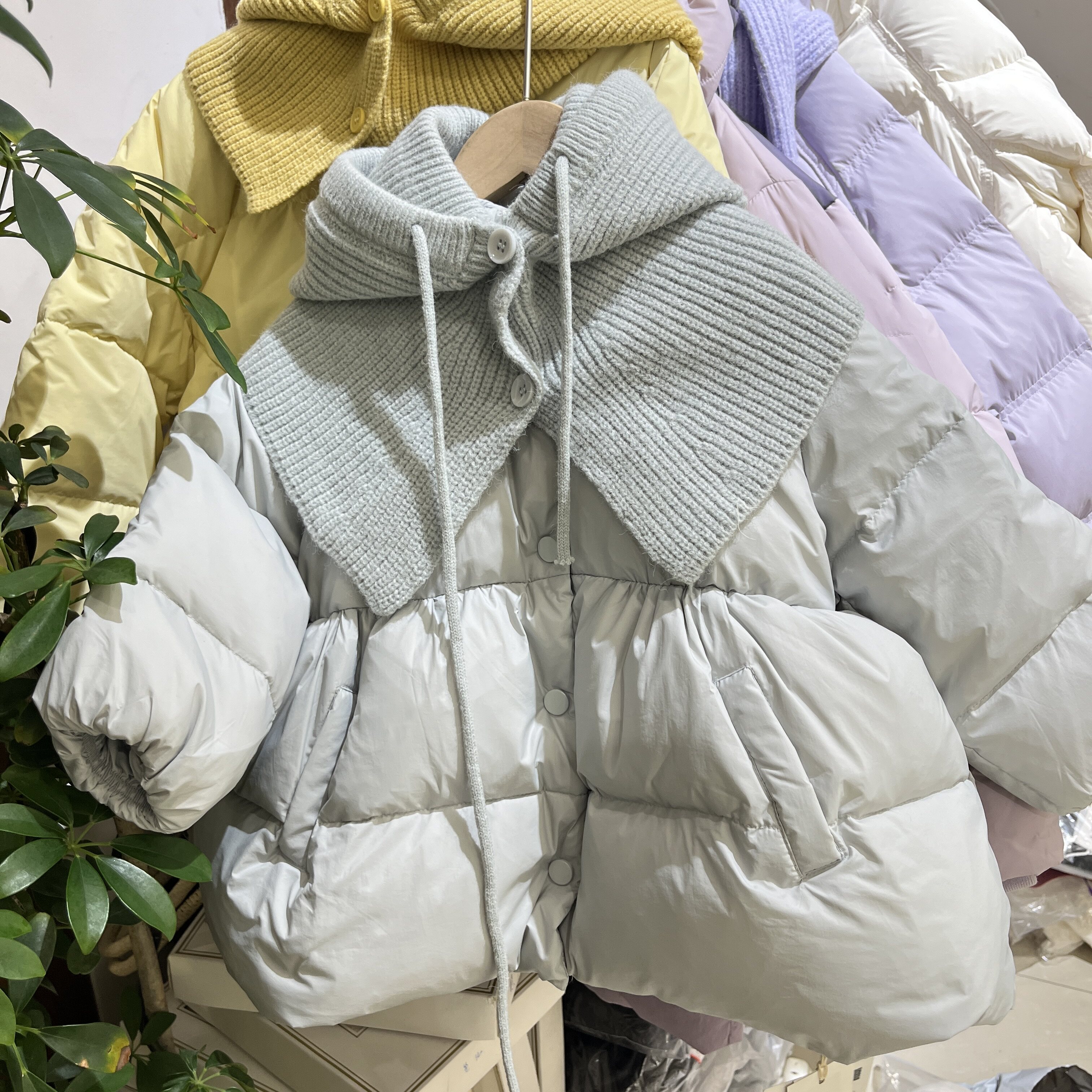 小童新款女童韩版baby蓝中长款羽绒服外套泡芙花苞羽绒服帽子围脖