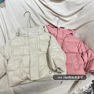 小童羽绒服男童女童米白色粉色短版连帽羽绒服洋气潮版面包服外套