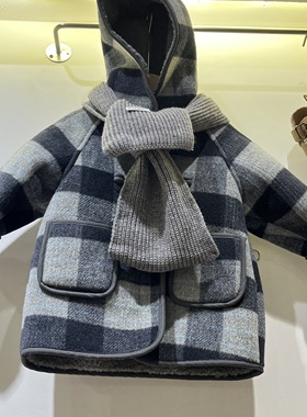 小童装实体男童女童藏蓝色格子连帽加绒加厚毛呢大衣格子呢子外套