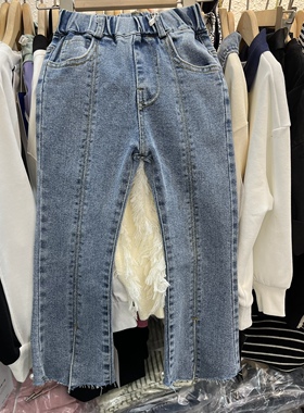 2023春款童装女童柔软牛仔裤蓝色儿童喇叭裤开叉珍珠牛仔裤悦宇