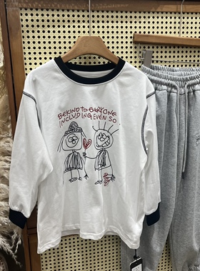 2024春款童装男童女童明线涂鸦长袖T恤中大童韩版打底衫白色T恤