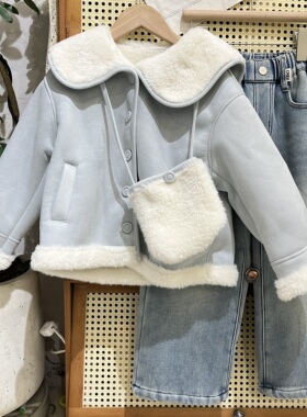 年货大衣冬装女童韩版蓝色皮毛一体外套中大童娃娃领加厚包包外套