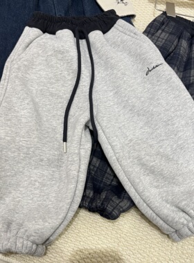 小童实体冬装新款男童女童灰色拼色加绒加厚保暖休闲裤卫裤