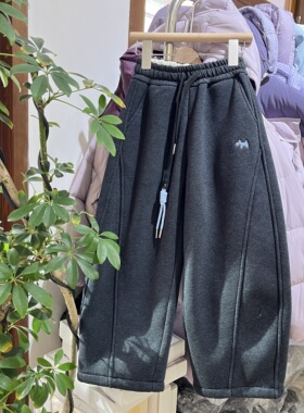 实体店韩货冬装新款男童女童深灰色加绒卫裤中大童弯刀阔腿裤