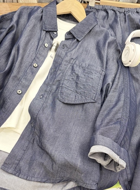 2026春夏潮版男童女童原色深蓝色牛仔衬衫中大童弯刀裤两件套装