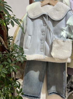 年货大衣冬装新款女童韩版显白蓝色大翻领皮毛一体加绒加厚外套