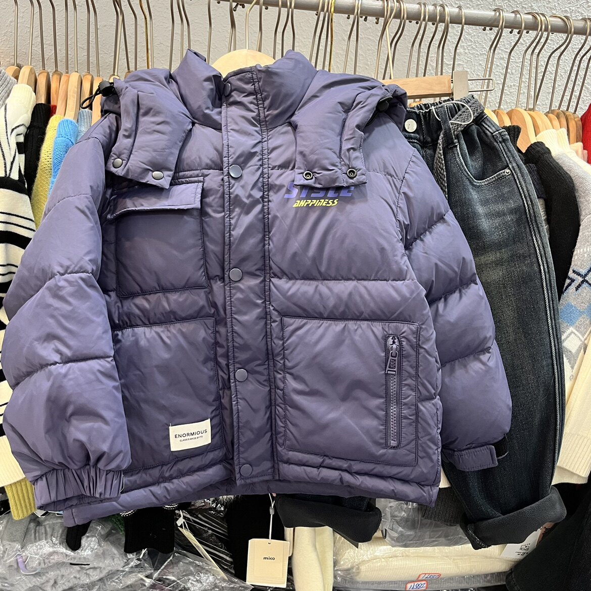 男童女童洋气紫色90白鸭绒连帽短款羽绒服中大童品牌保暖外套