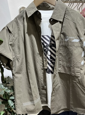 男童咸菜绿薄款短袖衬衫中大童韩版设计款军绿色衬衣