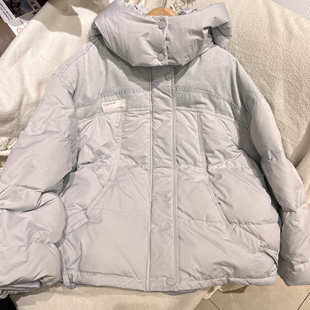 青少年童装女童浅蓝色拼接牛仔连帽羽绒服大童洋气面包服年货