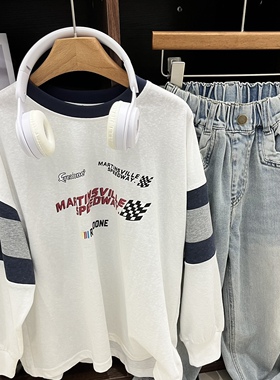 2024春夏童装男女童白色拼色超薄仿冰麻长袖T恤韩版潮打底衫大童