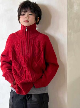 年货款红色毛衣实体冬装新款男童女童半拉链高领毛衣本命年毛衣