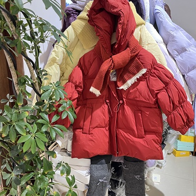 小童冬装新款女童韩版红色收腰中长款羽绒服保暖羽绒外套年货款