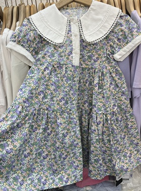 实体店童装女童紫色小碎花娃娃领泡泡袖短袖连衣裙中大童棉布裙