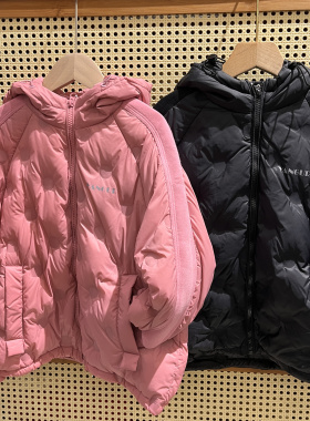 冬款男童女童黑色粉色轻羽绒短款连帽90白鸭绒外套中大童拼接设计