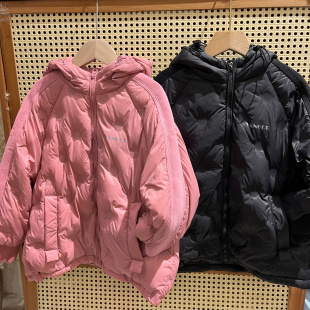 冬款男童女童黑色粉色轻羽绒短款连帽90白鸭绒外套中大童拼接设计