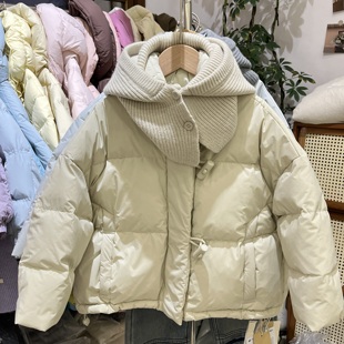 韩货冬装新女童韩版针织围脖帽子羽绒服牛角扣蓝色白色面包服miko