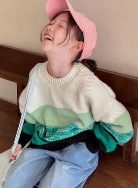 实体店韩货童装女童绿色拼色毛衣慵懒风粗毛线套头毛衣中大童秋冬