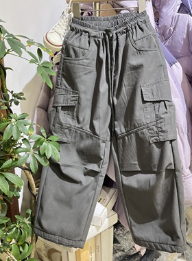 实体店冬装新款男童女童韩版灰绿色加绒工装裤中大童潮版直筒裤