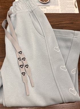 秋装女童天蓝色爱心刺绣休闲裤中大童韩版阔腿裤百搭卫裤