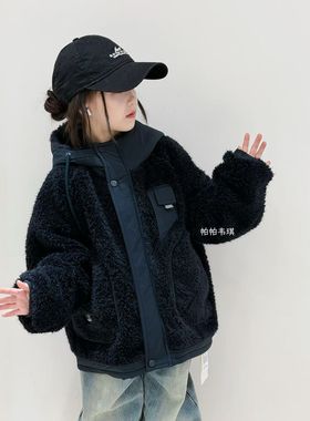 实体冬装新款男童女童藏蓝色羊羔毛毛连帽加厚保暖大衣外套中大童
