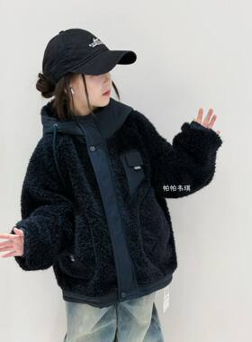 实体冬装新款男童女童藏蓝色羊羔毛毛连帽加厚保暖大衣外套中大童