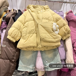 冬款童装女童嫩黄色花苞型可爱连帽羽绒服小童花朵包包保暖外套