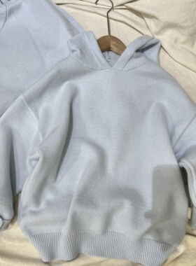 冬装新女童韩版休闲天蓝色连帽毛衣针织衫打底青少年洋气柔软毛衣