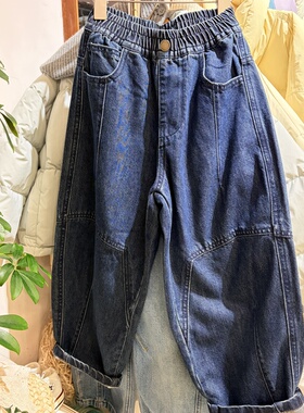 2026春装新款男童女童深蓝色设计款牛仔裤中大童休闲裤百搭长裤