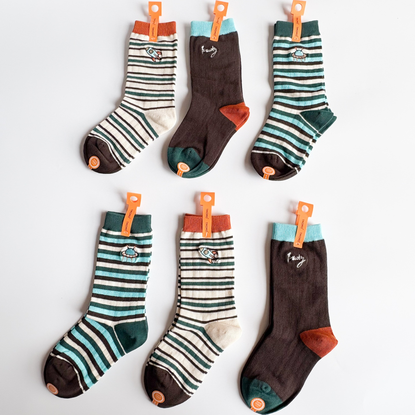 TMOMO兔默默秋冬中筒袜精梳棉卡通飞船刺绣条纹男宝无骨儿童袜027