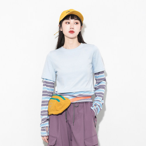 山系户外条纹假两件长袖T恤女
