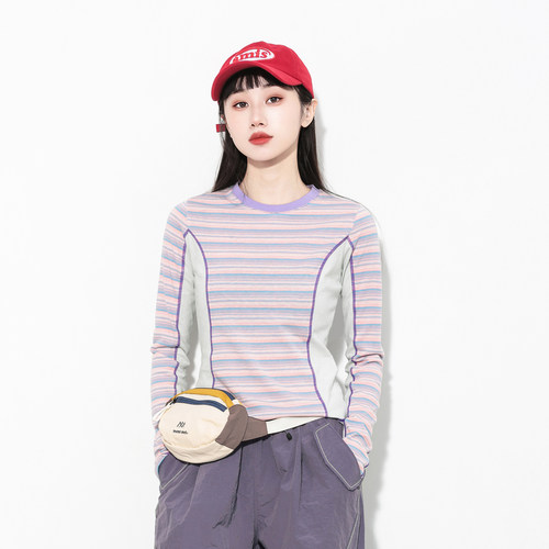 户外拼色条纹修身速干长袖T恤女