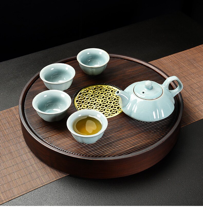 竹制茶盘家用小型茶台茶托盘储水式干泡盘简易托盘茶道干泡盘圆形