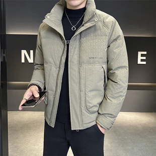 啄木鸟冬季短款立领羽绒服男韩版男士休闲撞色印花白鸭绒外套个性