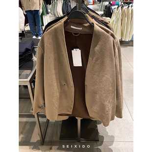 春秋大码 外套 300斤复古仿麂皮休闲无领西服男美式 设计感夹克西装