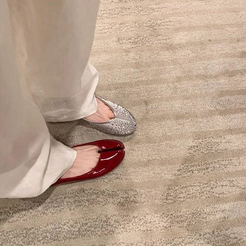 葡萄妈同款 联名款~红底tabi网纱水钻内增高分趾单鞋女猪蹄鞋夏季