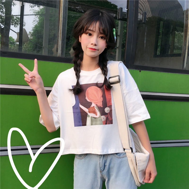 實拍~實價不減  韓版寬鬆短款小女孩印花T恤