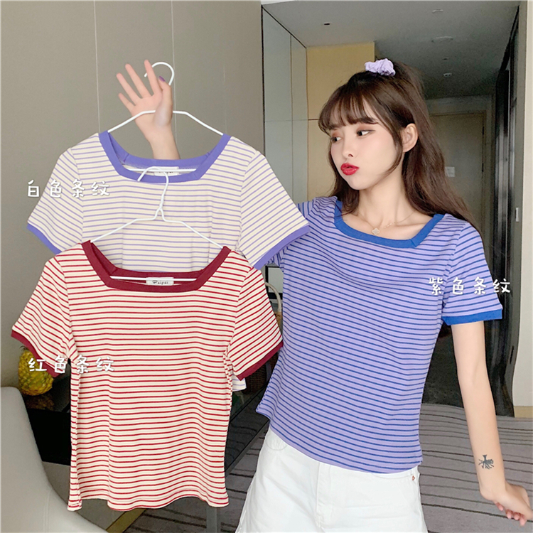 Net red ins super fire stripe square collar leaky clavicle top new style foreign style T-shirt