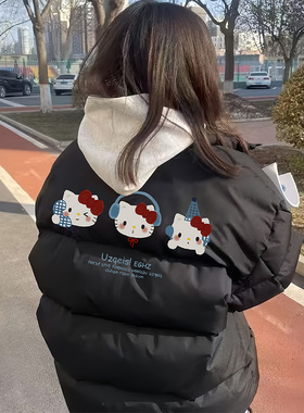 街头小个子90白鸭绒羽绒服女冬季初中生宽松百搭kt猫黑色加厚外套