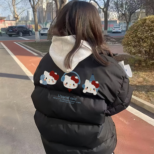 街头小个子90白鸭绒羽绒服女冬季初中生宽松百搭kt猫黑色加厚外套