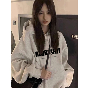 显白花灰色长袖上衣2025秋季新款加厚加绒美式oversize连帽卫衣潮