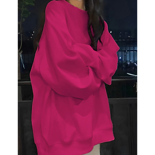 多巴胺火龙果色加绒卫衣女早秋2025新款爆款加厚圆领套头上衣外套
