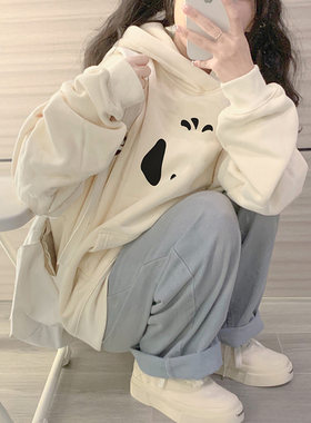 杏色连帽卫衣oversize宽松