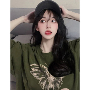 ins潮牌橄榄绿纯棉短袖T恤女夏季新款显白小众设计感休闲打底上衣